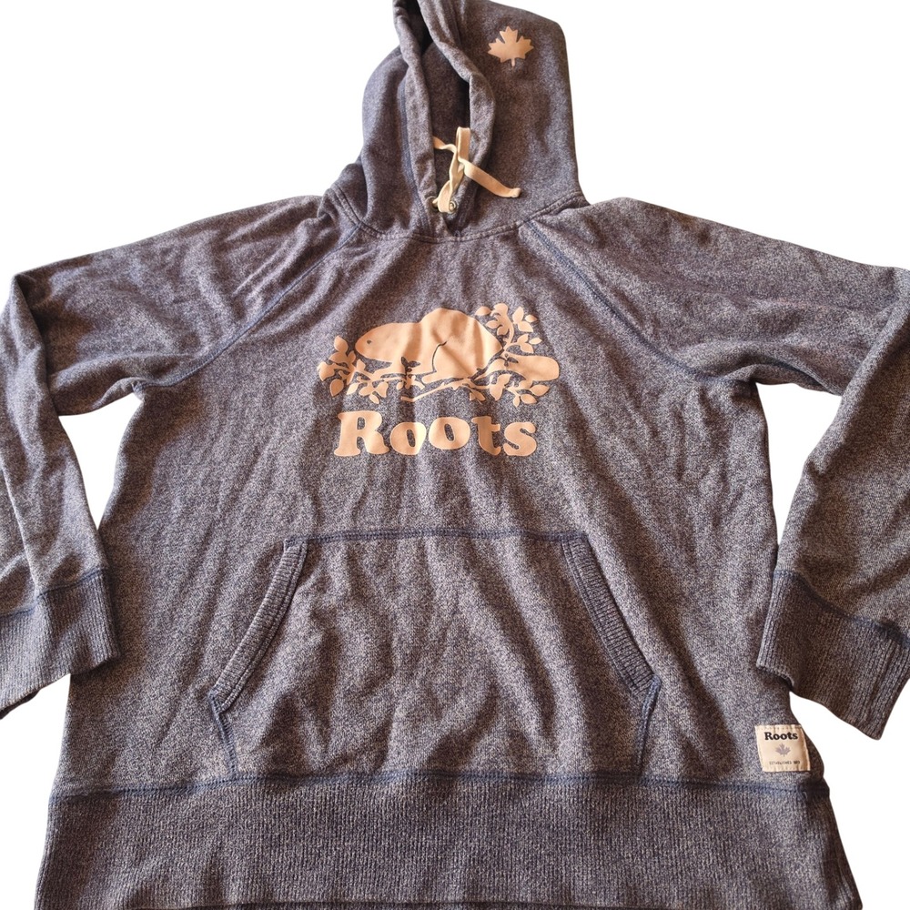 Roots Mens Blue Marl Beaver Logo Pullover Fleece Hoodie Large CA05017 RN89323